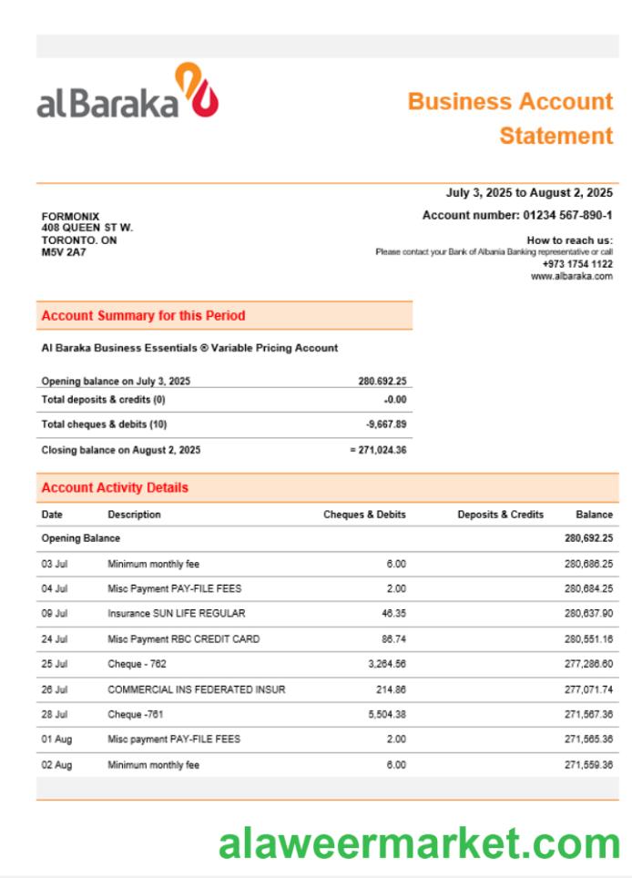 Al Baraka business bank  company account statement Word and PDF format